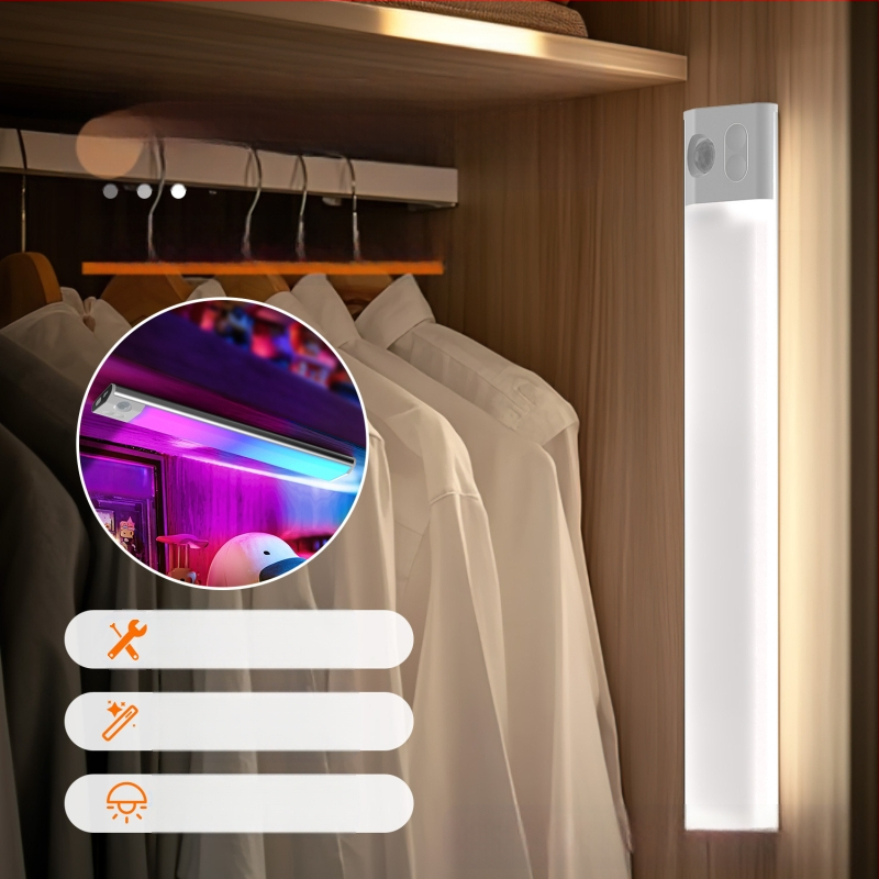 Skapja nakts gaisma ar cilvēka ķermeņa sensoru, USB uzlāde, magnētiska fiksācija, apkārtējais apgaismojums ar gradientu