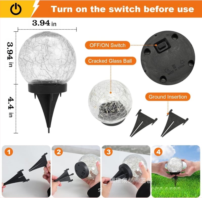 Соларна градинска лампа с напукана стъклена топка, планетарна форма, IP44, 0.06W, 6–12 часа работа