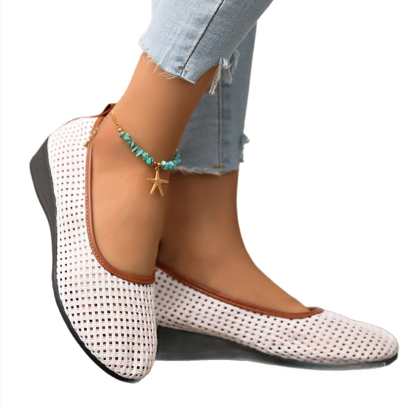 Moteriški wedge kulni slip-on batai, tinklinio viršaus, apvalus pirštas, žemas iškirpimas, 3–5 cm kulno aukštis