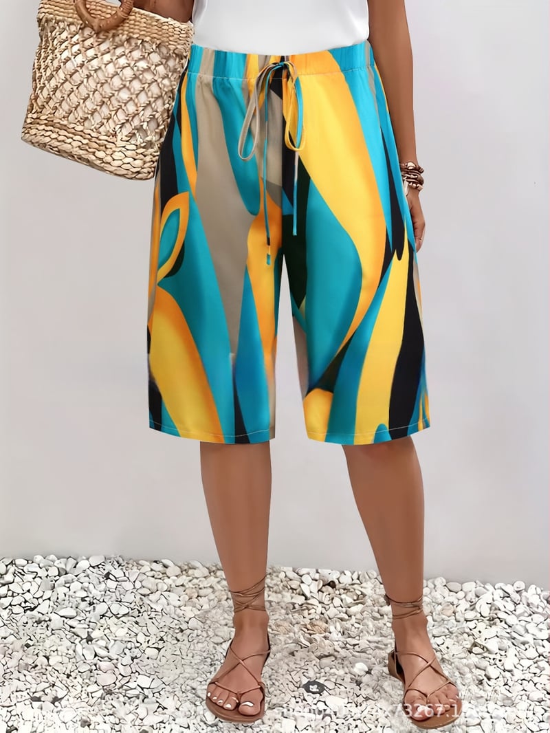 Moteriški vasaros šortai su spauda, vidutinio ilgio, Europos ir Amerikos kasdienio stiliaus, be elastano