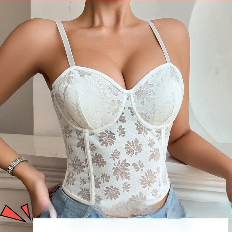 Δαντελένιο τοπ μπούστου με νάιλον ύφασμα, λεπτές διαμορφωμένες cups, 3/4, push-up και διαμόρφωση σιλουέτας, σταθερά διπλά λουριά, κλείσιμο με 7 σειρές