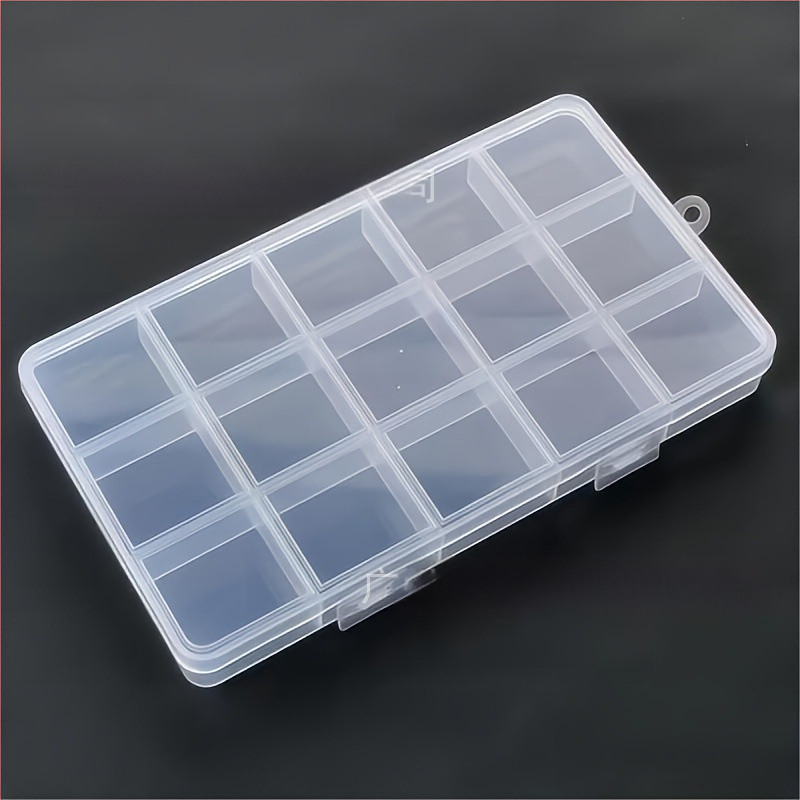 Darbalaukio laikymo dėžutė su 15 skyriais, skaidrus plastikas, su dangteliu ir rankena, talpa 1 L