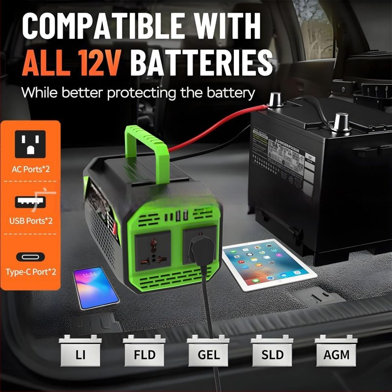 Автомобилен инвертор 600W/1000W, 12V вход, 110V/220V изход, дигитален дисплей, 2 USB порта, 2 Type-C порта, 2 универсални гнезда