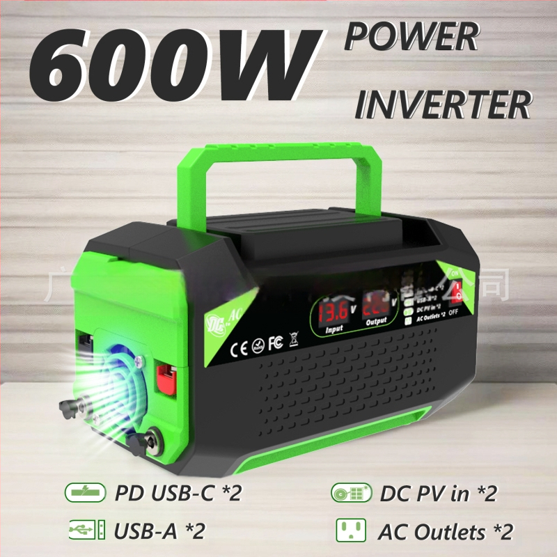 Автомобилен инвертор 600W/1000W, 12V вход, 110V/220V изход, дигитален дисплей, 2 USB порта, 2 Type-C порта, 2 универсални гнезда