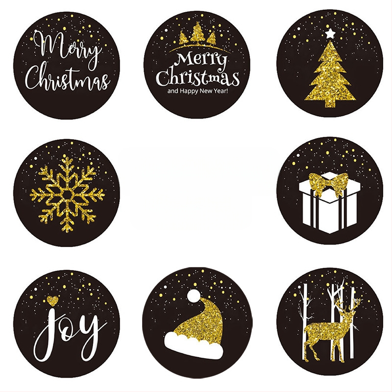 Apaļš melns Ziemassvētku uzlīme iepakojumam dāvanu, krāsu druka, karsto kalšanai līme, lāzera līmes materiāls, 65°C izturība, pielāgošana pieejama
