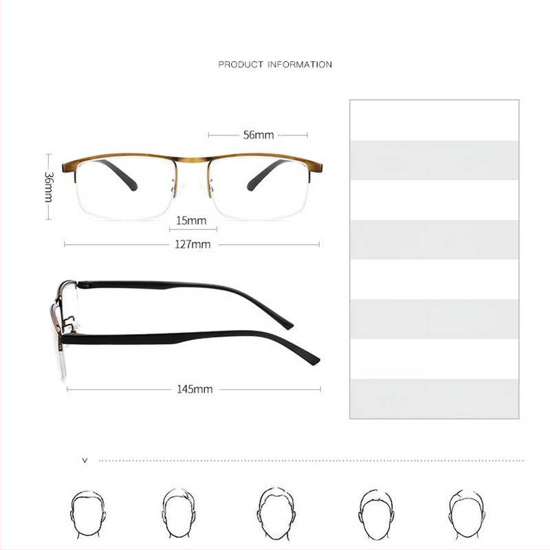 Γυαλιά ανάγνωσης με φακούς ρητίνης, μεταλλικό ημί-πλαίσιο, τετράγωνο σχέδιο