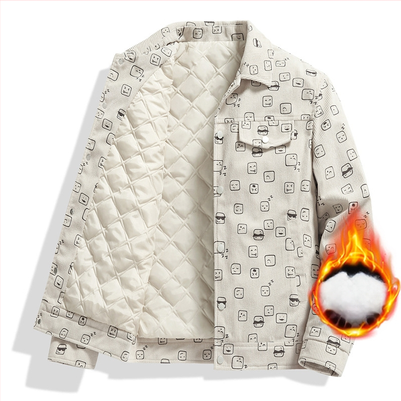 Ανδρικό μπουφάν από corduroy με εκτύπωση, γιακά τύπου lapel, χαλαρή γραμμή, μονό μπροστά, μακριά μανίκια