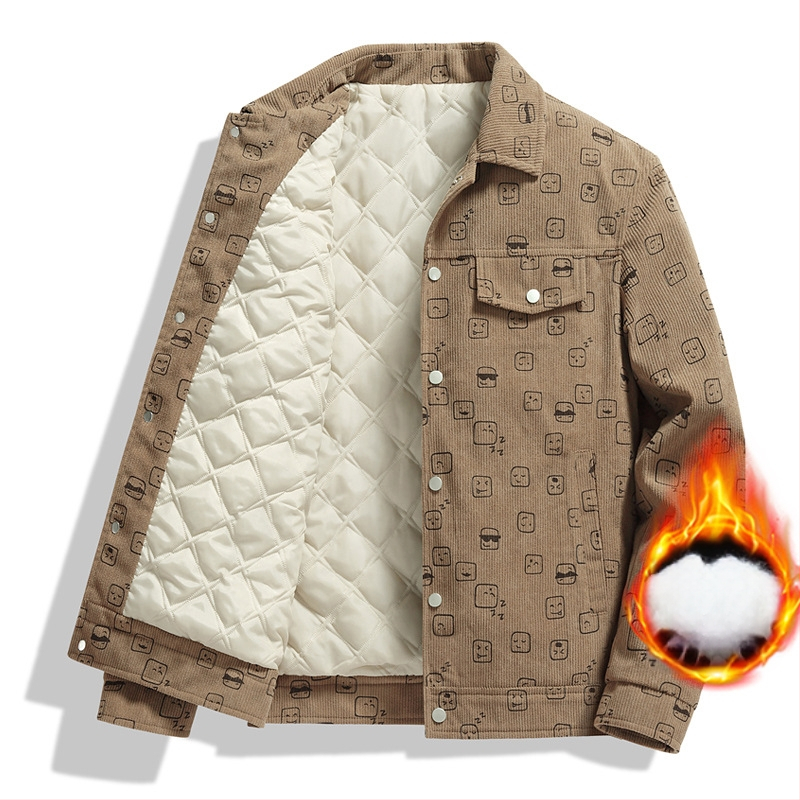 Ανδρικό μπουφάν από corduroy με εκτύπωση, γιακά τύπου lapel, χαλαρή γραμμή, μονό μπροστά, μακριά μανίκια