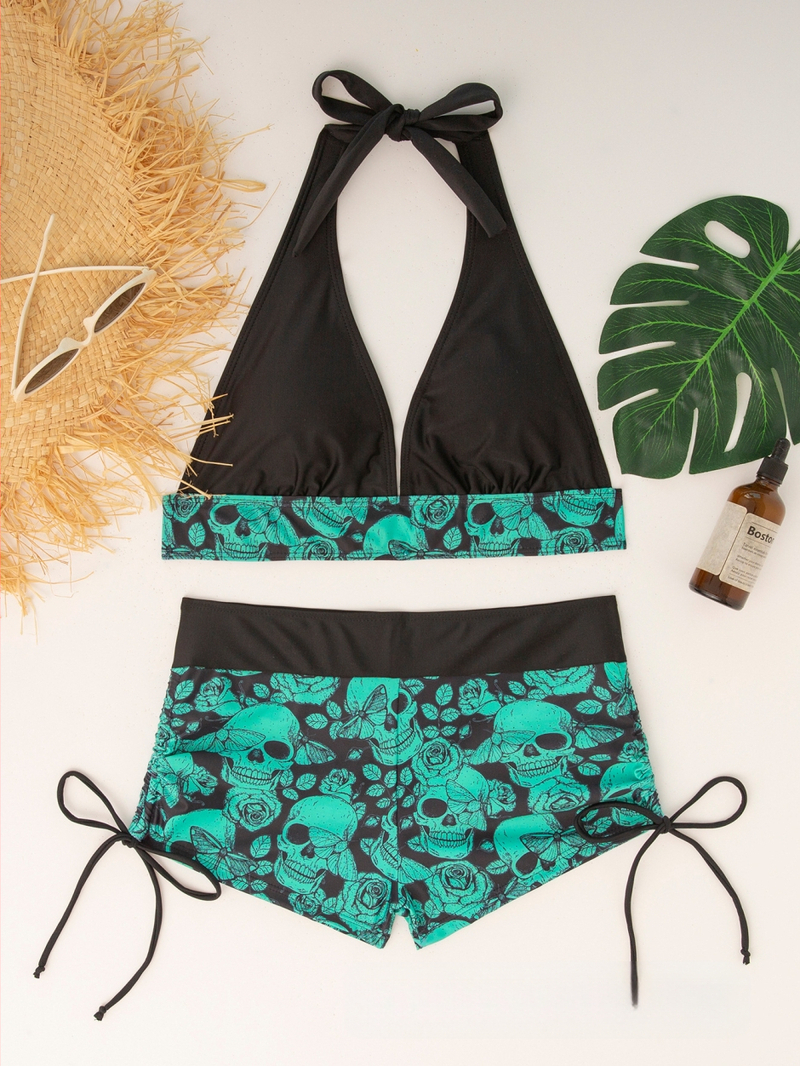 Μπικίνι με print κρανίου, χωρίς μανίκια, επένδυση στο στήθος, χωρίς ενίσχυση, 82% νάιλον