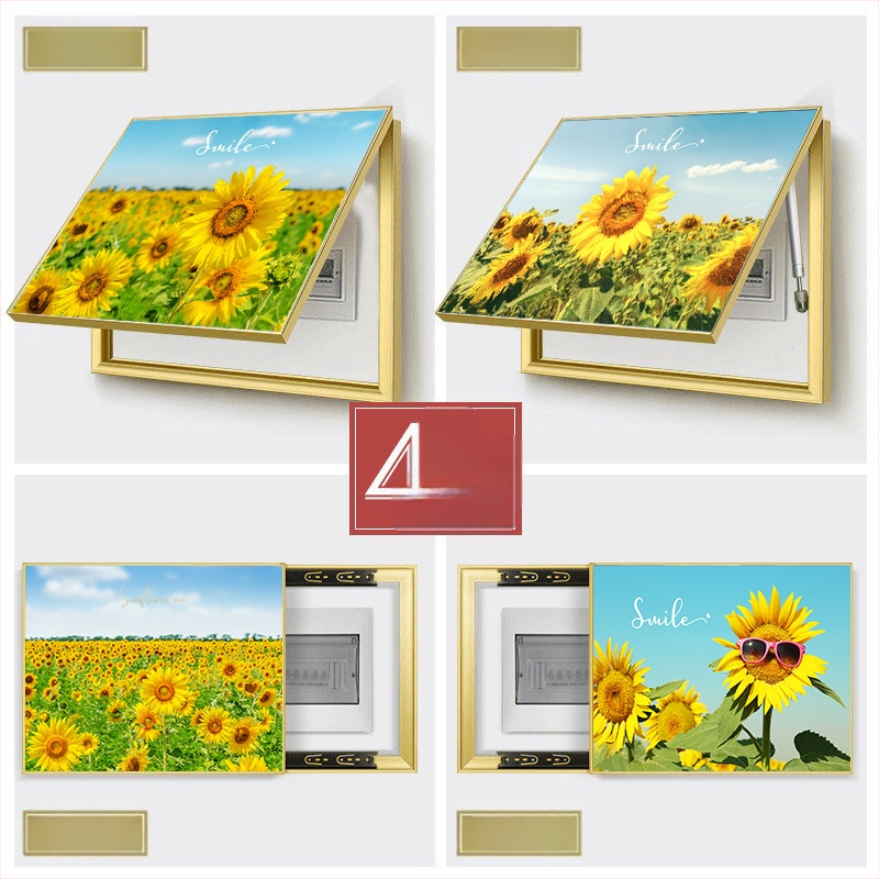 Διακοσμητική εικόνα με ηλιοτρόπια για ηλεκτρικό μετρητή — μοντέρνος μινιμαλιστικός τοίχος με μεταλλικό πλαίσιο