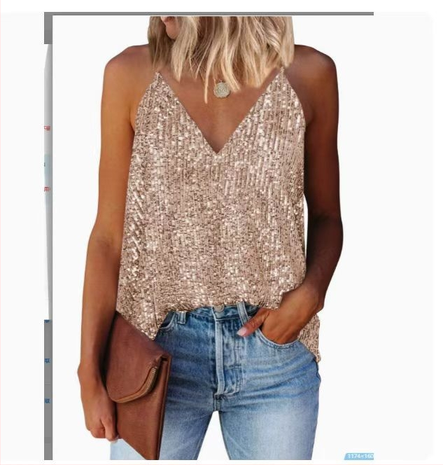 Halter top su sequin, giliai V kaklo iškirptė, A formos siluetas, poliesteris (halter stilius; sequin`ai; giliai V iškirptė; A formos siluetas; poliesteris)