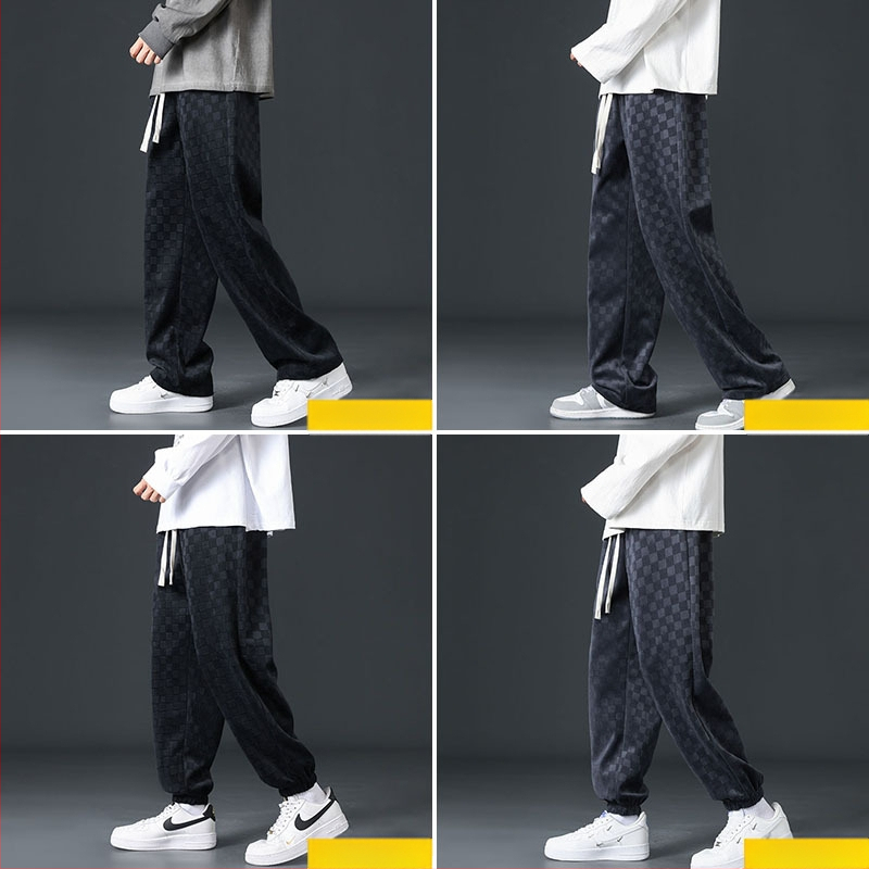 Corduroy vyriškos kelnės, laisvas kirpimas, langelių raštas, vidutinė juosta