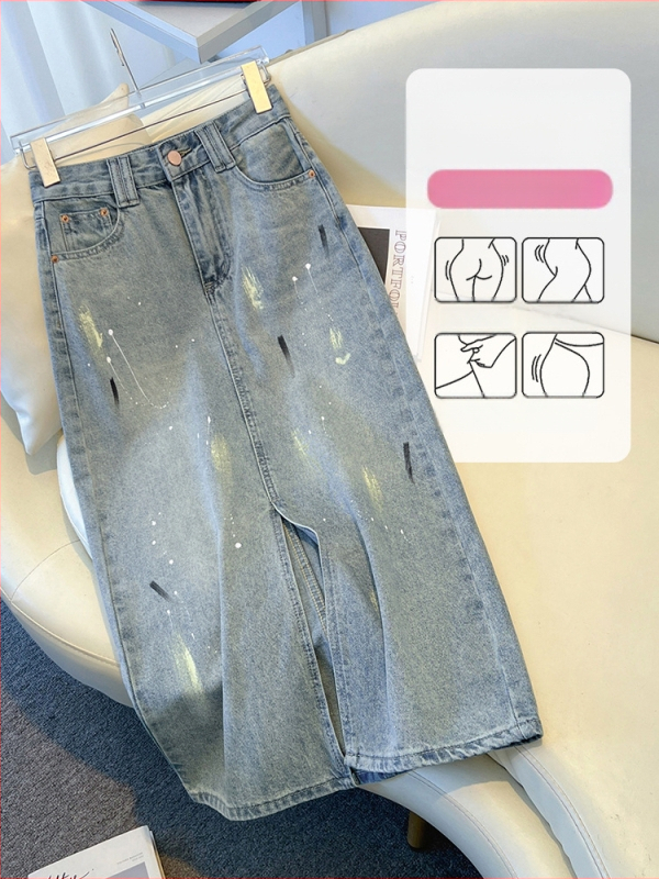 Moteriški džinsiniai A-linijos sijonas, vidutinio ilgio, vasara 2025, be elastinio