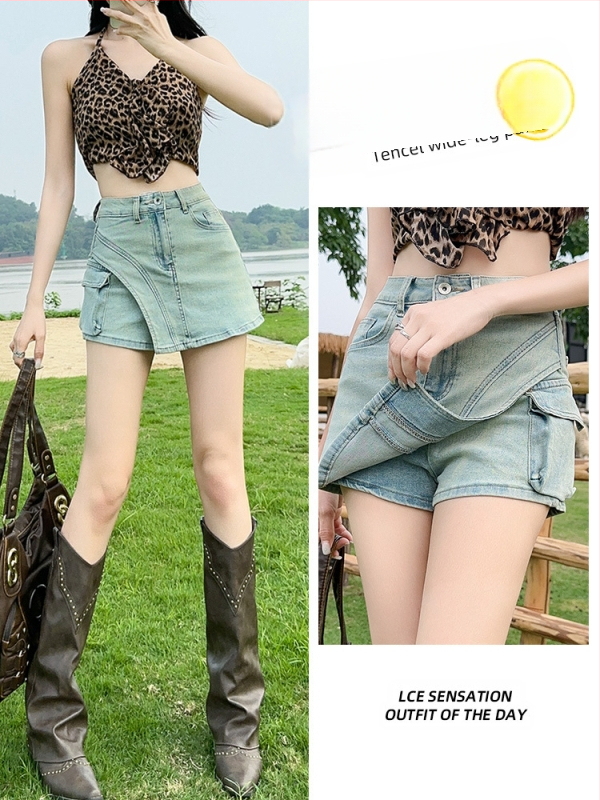 Džinsinis sijonas, aukštas liemuo, liekniantis kirpimas, trumpas ilgis, medvilnės-elastano mišinys