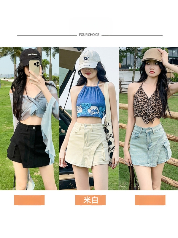 Džinsinis sijonas, aukštas liemuo, liekniantis kirpimas, trumpas ilgis, medvilnės-elastano mišinys