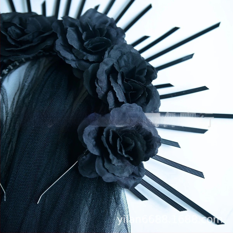 HOWAWAY Gotička crna ruža kruna za glavu — najlon, ručno izrađeno, književno retro stil, pokrivalo za glavu ženama