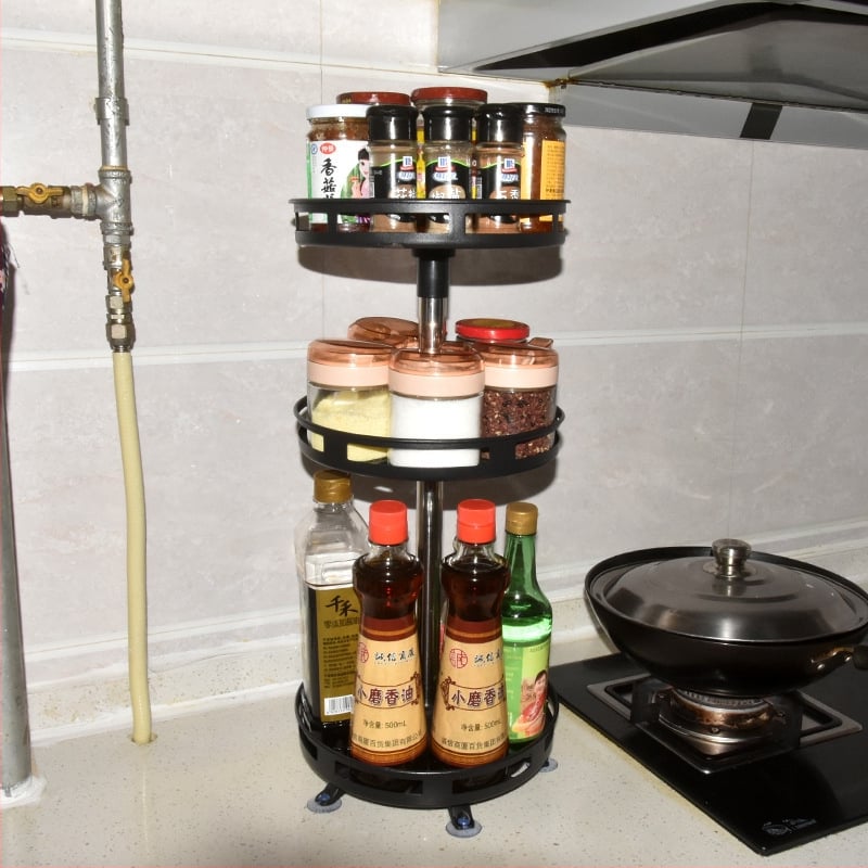 Daudzslāņu rotējošs garšvielu statīvs un virtuves uzglabāšanas plaukts darba virsmas stūrī – bez uzstādīšanas, oglekļa tērauds, mūsdienīgs minimālisma stil, 2023. gada izlaišana