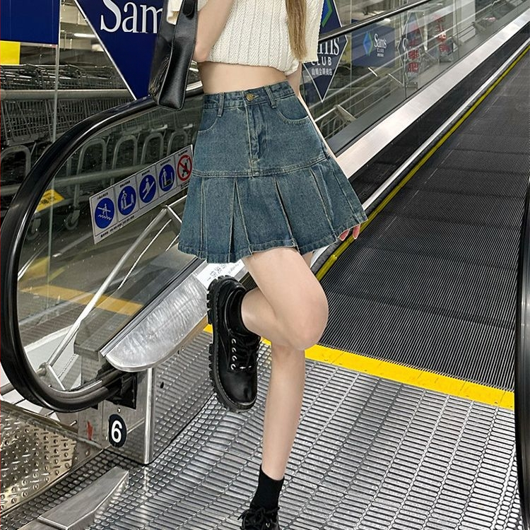 Дамска деним плисирана мини пола с висока талия, А-линия – 2025 лято, ретро стил