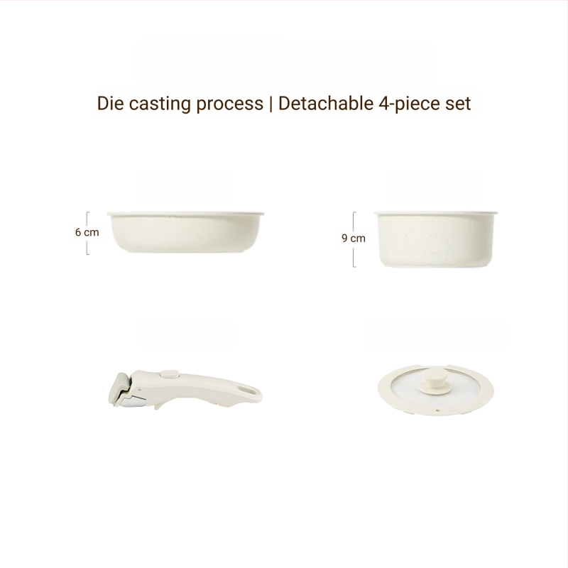 Σετ μαγειρικών σκευών με αποσπώμενο χερούλι — αντικολλητικά σκεύη από κράμα αλουμινίου με πολυεπίπεδο πάτο, περιλαμβάνει κατσαρόλα για γάλα, δύο τηγάνια, καπάκι γυάλινο με σιλικόνη, συμβατό με επαγωγή