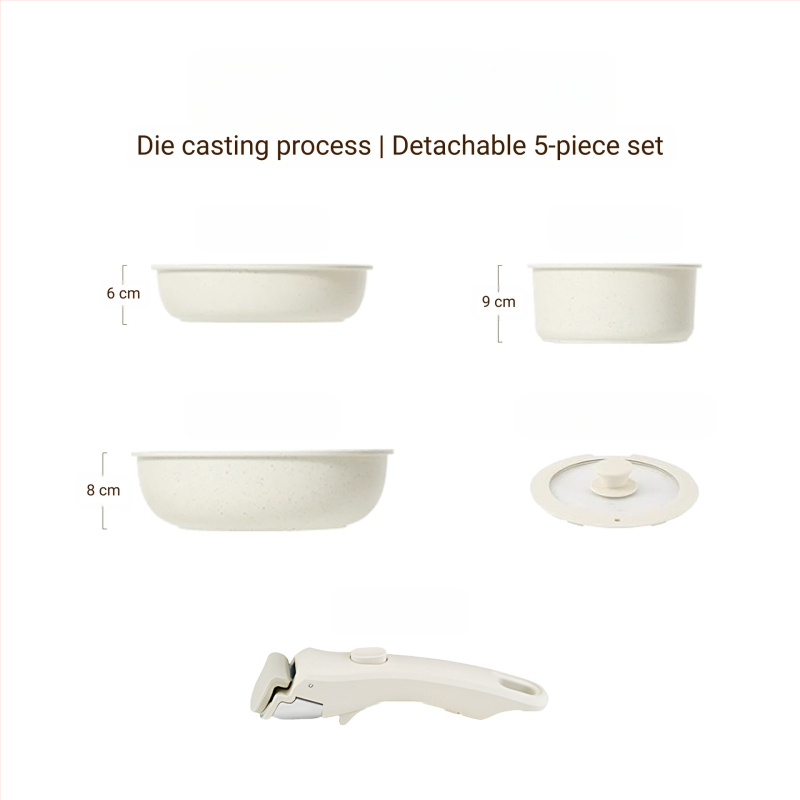 Σετ μαγειρικών σκευών με αποσπώμενο χερούλι — αντικολλητικά σκεύη από κράμα αλουμινίου με πολυεπίπεδο πάτο, περιλαμβάνει κατσαρόλα για γάλα, δύο τηγάνια, καπάκι γυάλινο με σιλικόνη, συμβατό με επαγωγή