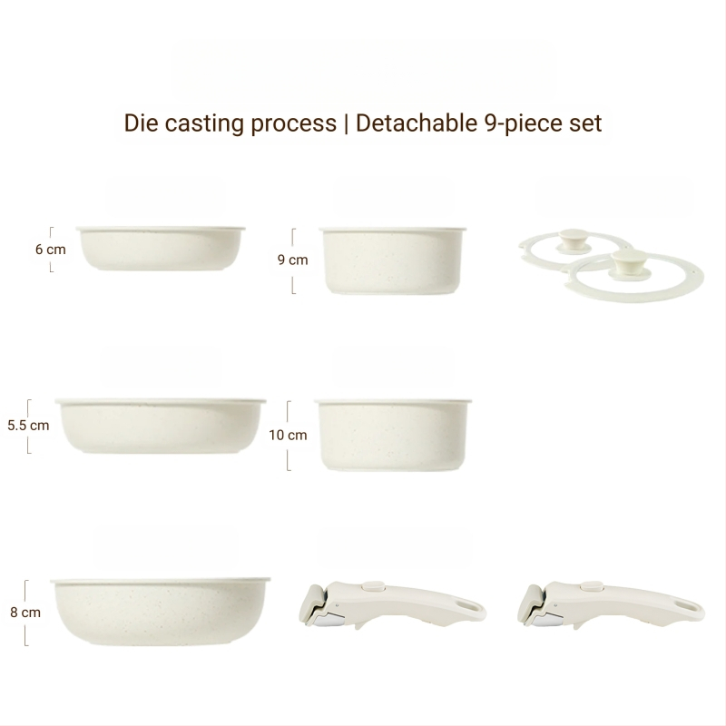 Σετ μαγειρικών σκευών με αποσπώμενο χερούλι — αντικολλητικά σκεύη από κράμα αλουμινίου με πολυεπίπεδο πάτο, περιλαμβάνει κατσαρόλα για γάλα, δύο τηγάνια, καπάκι γυάλινο με σιλικόνη, συμβατό με επαγωγή