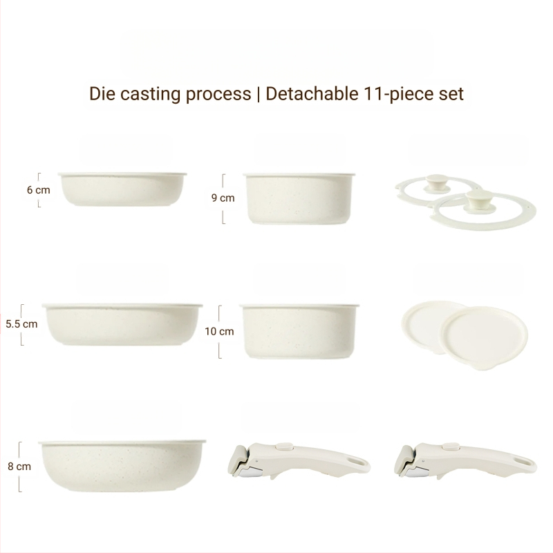 Σετ μαγειρικών σκευών με αποσπώμενο χερούλι — αντικολλητικά σκεύη από κράμα αλουμινίου με πολυεπίπεδο πάτο, περιλαμβάνει κατσαρόλα για γάλα, δύο τηγάνια, καπάκι γυάλινο με σιλικόνη, συμβατό με επαγωγή