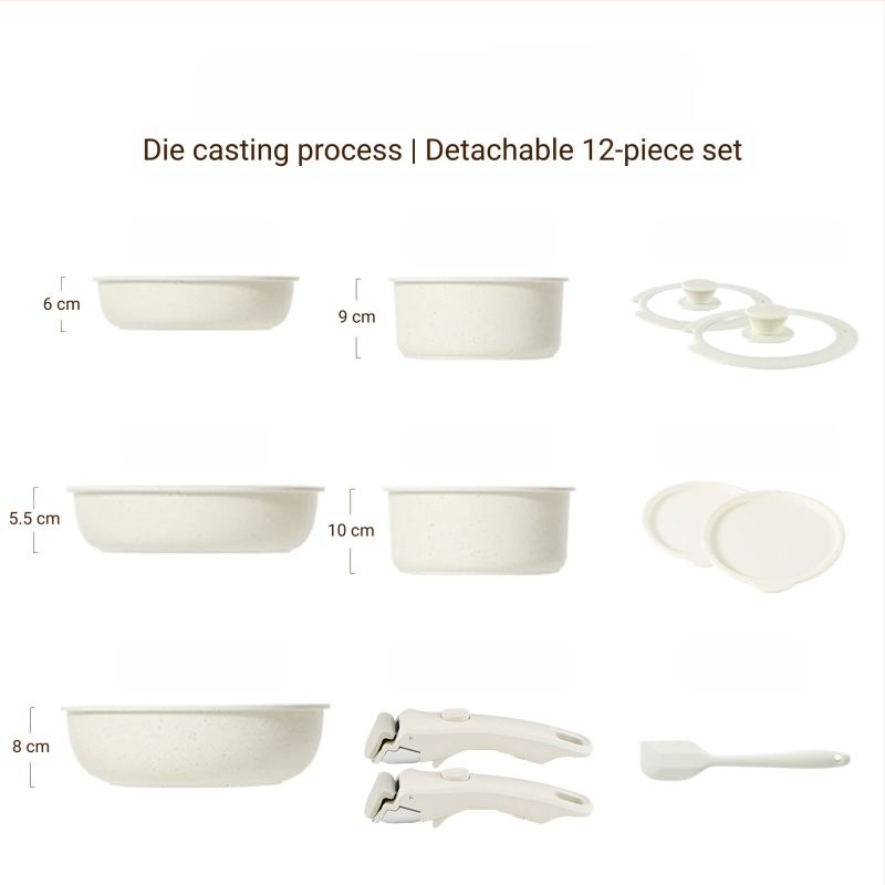 Σετ μαγειρικών σκευών με αποσπώμενο χερούλι — αντικολλητικά σκεύη από κράμα αλουμινίου με πολυεπίπεδο πάτο, περιλαμβάνει κατσαρόλα για γάλα, δύο τηγάνια, καπάκι γυάλινο με σιλικόνη, συμβατό με επαγωγή