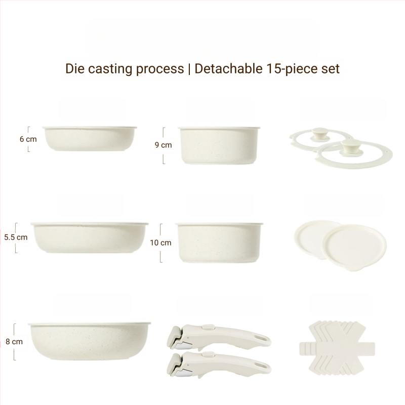 Σετ μαγειρικών σκευών με αποσπώμενο χερούλι — αντικολλητικά σκεύη από κράμα αλουμινίου με πολυεπίπεδο πάτο, περιλαμβάνει κατσαρόλα για γάλα, δύο τηγάνια, καπάκι γυάλινο με σιλικόνη, συμβατό με επαγωγή