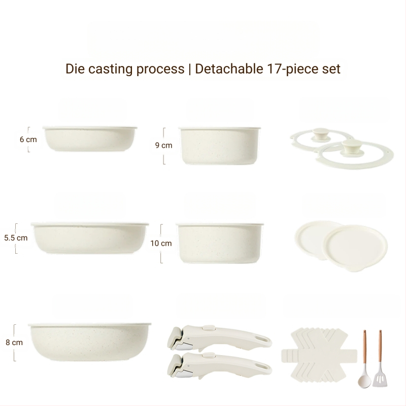 Σετ μαγειρικών σκευών με αποσπώμενο χερούλι — αντικολλητικά σκεύη από κράμα αλουμινίου με πολυεπίπεδο πάτο, περιλαμβάνει κατσαρόλα για γάλα, δύο τηγάνια, καπάκι γυάλινο με σιλικόνη, συμβατό με επαγωγή