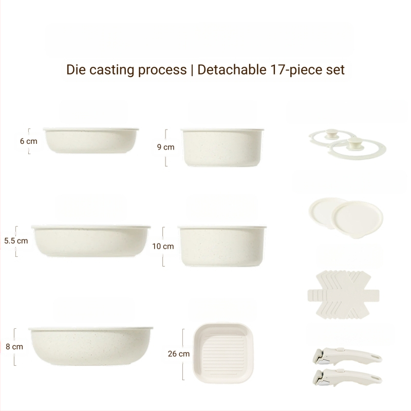 Σετ μαγειρικών σκευών με αποσπώμενο χερούλι — αντικολλητικά σκεύη από κράμα αλουμινίου με πολυεπίπεδο πάτο, περιλαμβάνει κατσαρόλα για γάλα, δύο τηγάνια, καπάκι γυάλινο με σιλικόνη, συμβατό με επαγωγή