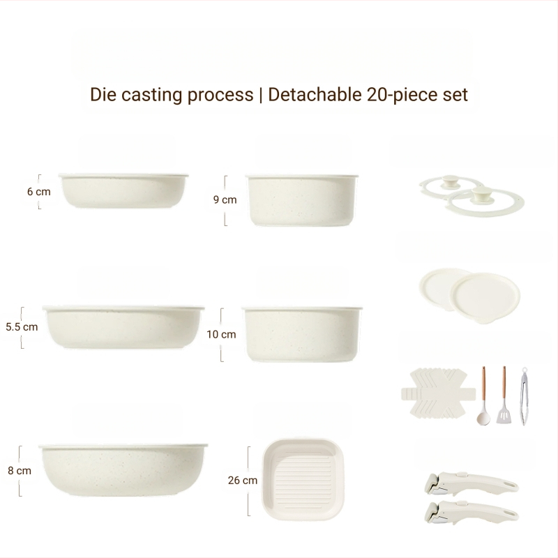 Σετ μαγειρικών σκευών με αποσπώμενο χερούλι — αντικολλητικά σκεύη από κράμα αλουμινίου με πολυεπίπεδο πάτο, περιλαμβάνει κατσαρόλα για γάλα, δύο τηγάνια, καπάκι γυάλινο με σιλικόνη, συμβατό με επαγωγή