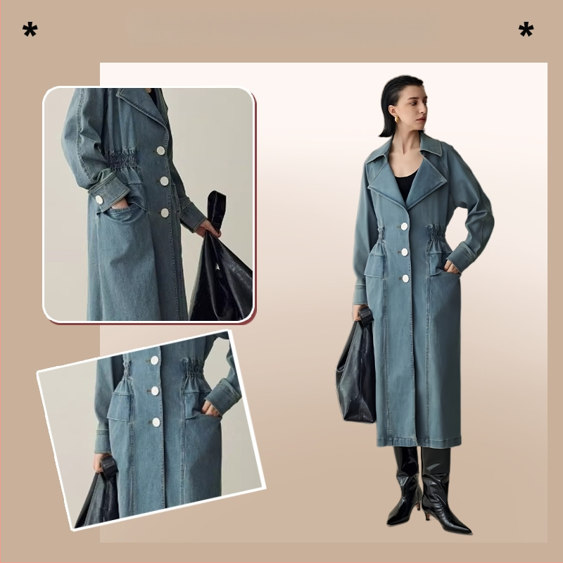 Baojin Vintage garš džinsa jaka sievietēm ar patchwork detaļu, apļa kakla izgriezums, trīs pogu vienkrāsaina aizdare, vienkrāsains audums, 95%+ poliester