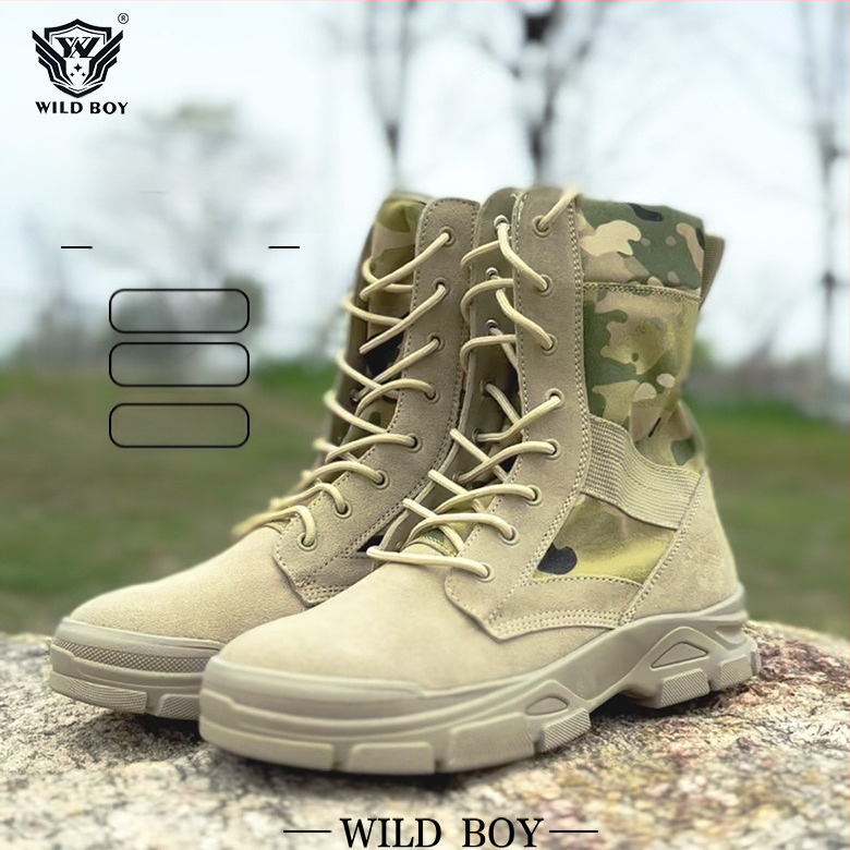 Μπουτίνια εξωτερικού χώρου σε στρατιωτικό στυλ για ενήλικες, unisex, επάνω μέρος από πρώτο στρώμα βοείου δέρματος με ύφασμα, αντιολισθητική τακτική σόλα, πάτος από αφρό ποπκορν, κατάλληλα για πεζοπορία, κατασκήνωση και ακραίες προκλήσεις