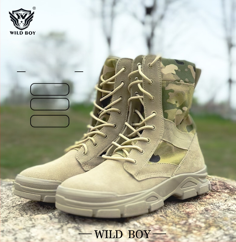 Μπουτίνια εξωτερικού χώρου σε στρατιωτικό στυλ για ενήλικες, unisex, επάνω μέρος από πρώτο στρώμα βοείου δέρματος με ύφασμα, αντιολισθητική τακτική σόλα, πάτος από αφρό ποπκορν, κατάλληλα για πεζοπορία, κατασκήνωση και ακραίες προκλήσεις