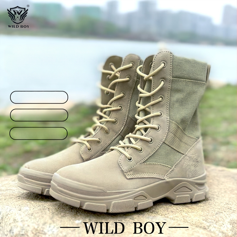 Μπουτίνια εξωτερικού χώρου σε στρατιωτικό στυλ για ενήλικες, unisex, επάνω μέρος από πρώτο στρώμα βοείου δέρματος με ύφασμα, αντιολισθητική τακτική σόλα, πάτος από αφρό ποπκορν, κατάλληλα για πεζοπορία, κατασκήνωση και ακραίες προκλήσεις