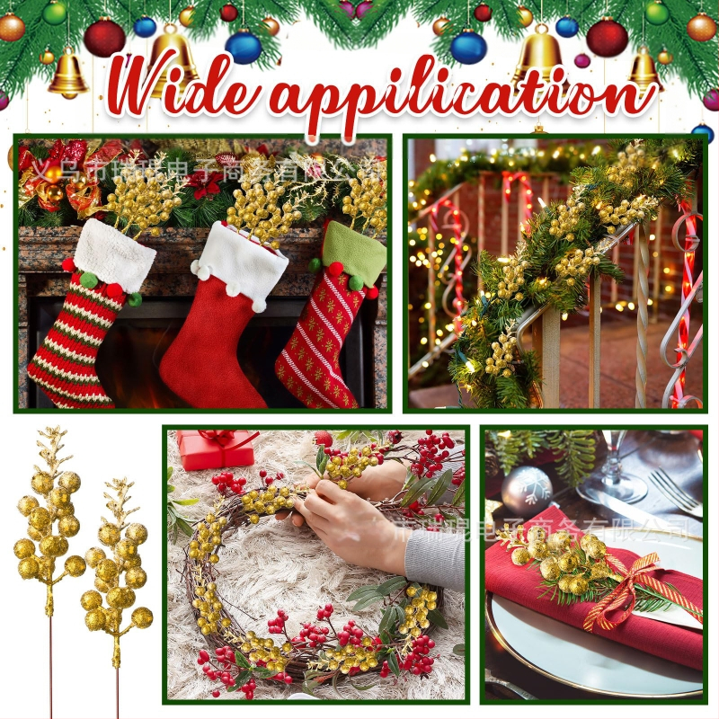 10 darabos, élethű karácsonyi aranyporos bogyó függő dísz, ideális a fa és a ház dekorációjához, modell WG425, anyagok: hab, papír, egyéb