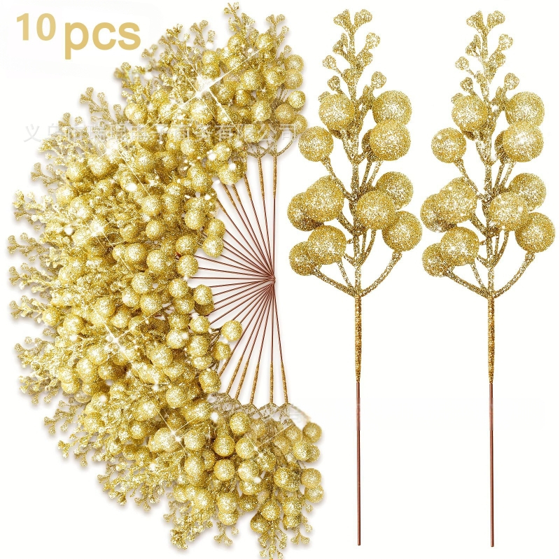 10 darabos, élethű karácsonyi aranyporos bogyó függő dísz, ideális a fa és a ház dekorációjához, modell WG425, anyagok: hab, papír, egyéb