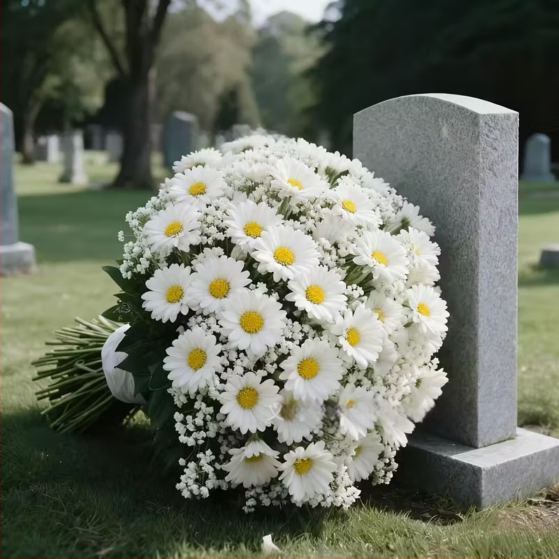 Aranjament floral artificial cu Crizanteme și Baby's Breath; material plastic, execuție semi-manuală și semi-mecanică, pentru exterior