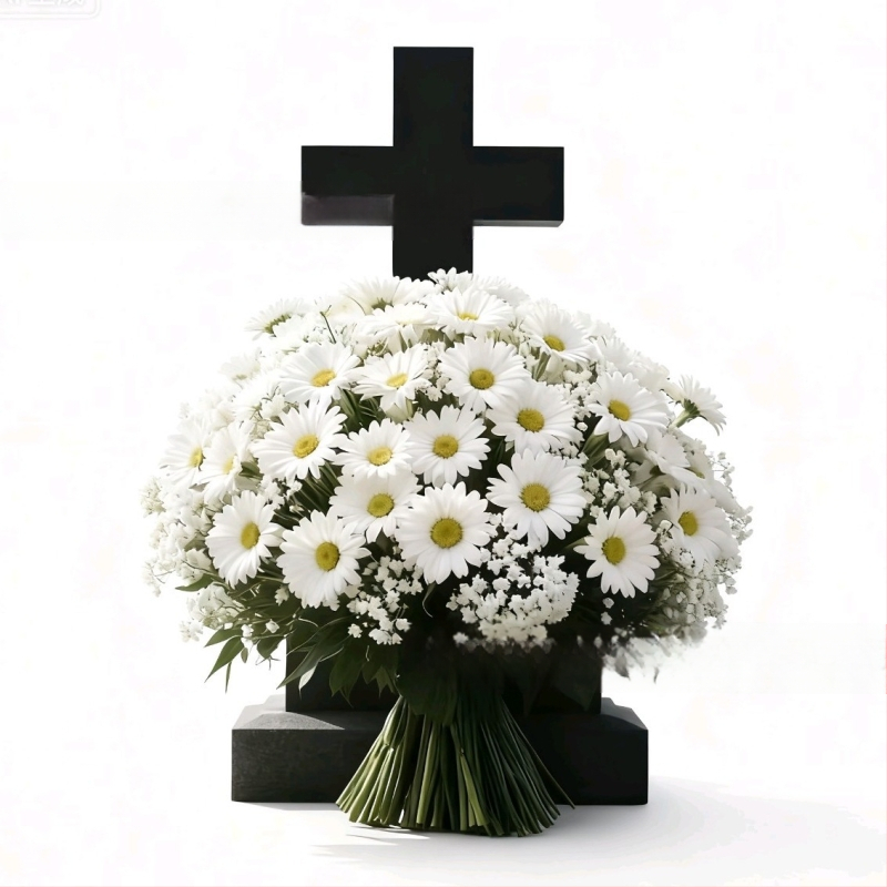 Aranjament floral artificial cu Crizanteme și Baby's Breath; material plastic, execuție semi-manuală și semi-mecanică, pentru exterior