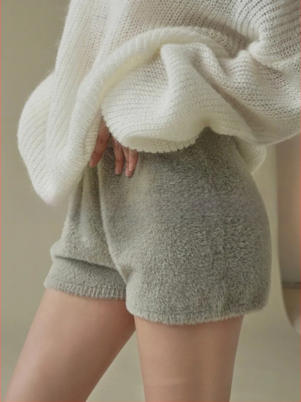 Γυναικείοι παντελόνες οικιακής χρήσης με συνθετική γούνα μινκ - ιαπωνοκορεατικό casual στυλ, ίσια γραμμή, μήκος τριών τετάρτων, ελαστική μέση, κολλάζ/ραφή, πολυεστέρας