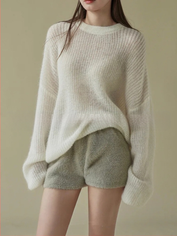 Γυναικείοι παντελόνες οικιακής χρήσης με συνθετική γούνα μινκ - ιαπωνοκορεατικό casual στυλ, ίσια γραμμή, μήκος τριών τετάρτων, ελαστική μέση, κολλάζ/ραφή, πολυεστέρας