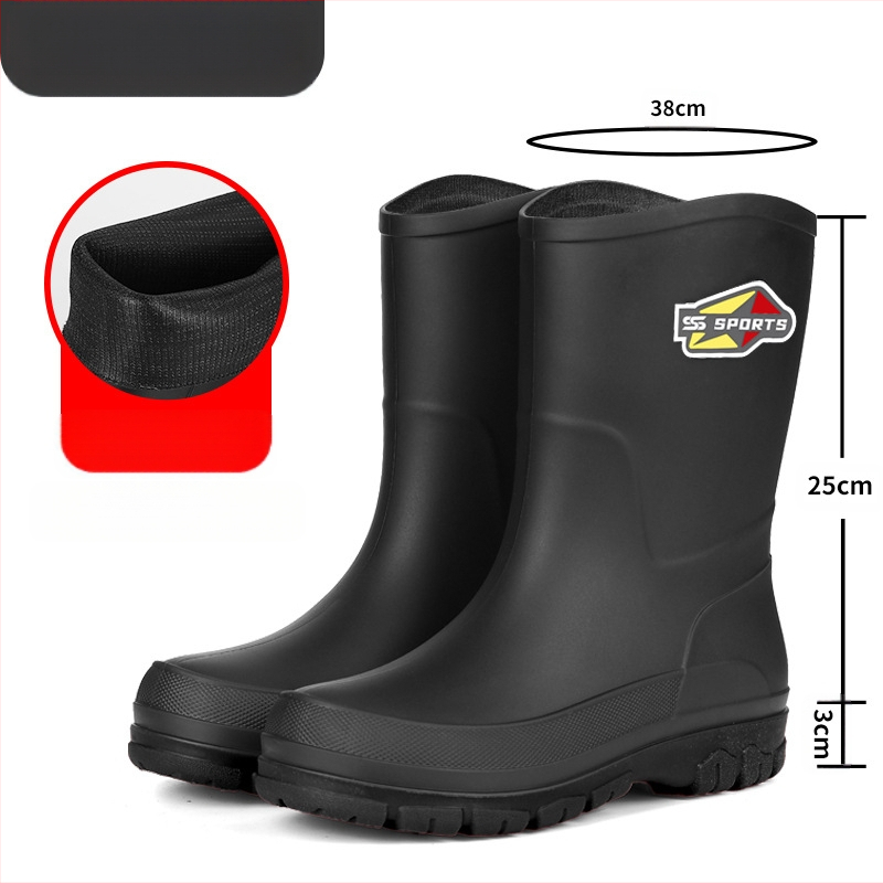 Ghete de ploaie pentru bărbați, până la gambe, cu exterior din PVC, talpă din plastic, interior din plasă și branț textil