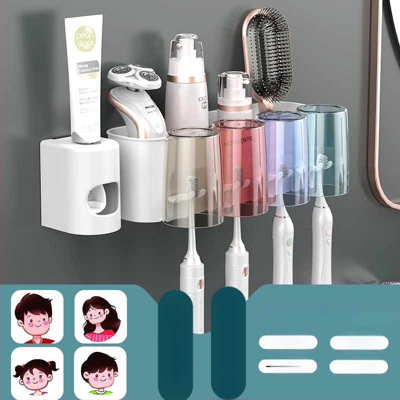 Be gręžimo sieninis dantų šepetėlių laikiklis su burnos skalavimo puodeliu ir dantų šepetėlių puodeliu – vonios saugojimas poroms