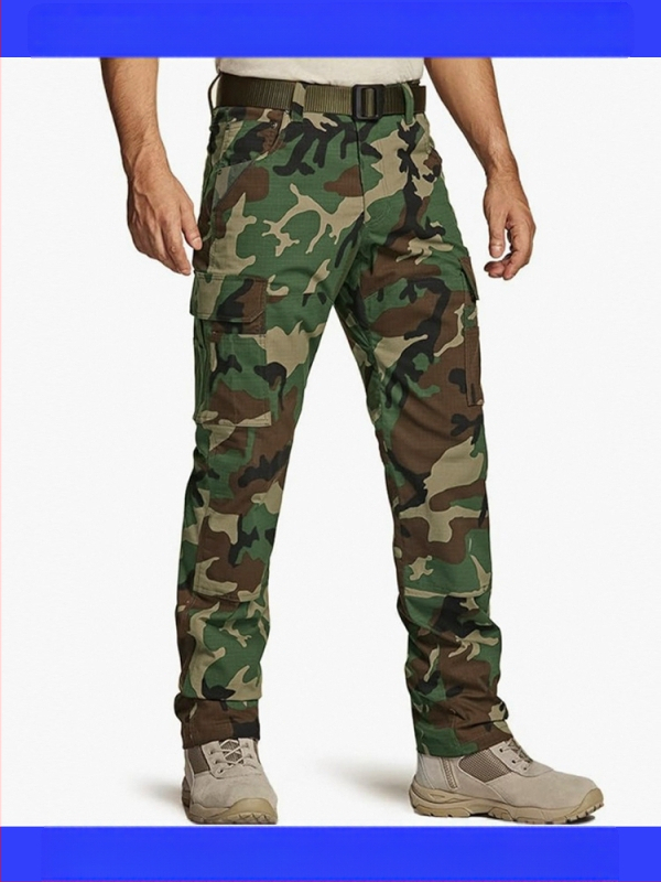 Vyrų taktinės darbo kelnės su maskavimo raštu, aukštas juosmuo, užtrauktukas, tiesus kirpimas, kelios kišenės, poliesteris