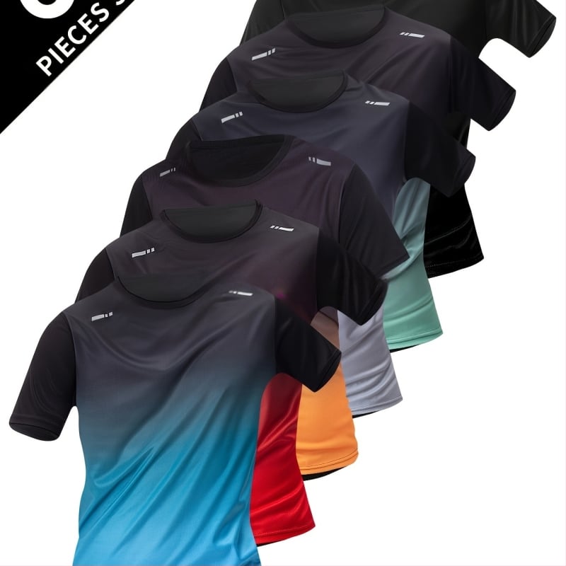 Ανδρικό T‑shirt με στρογγυλή λαιμόκοψη, μοτίο μετάβασης χρωμάτων, χαλαρή γραμμή, μικροελαστικό, διαπνέον ύφασμα από 100% πολυεστέρα