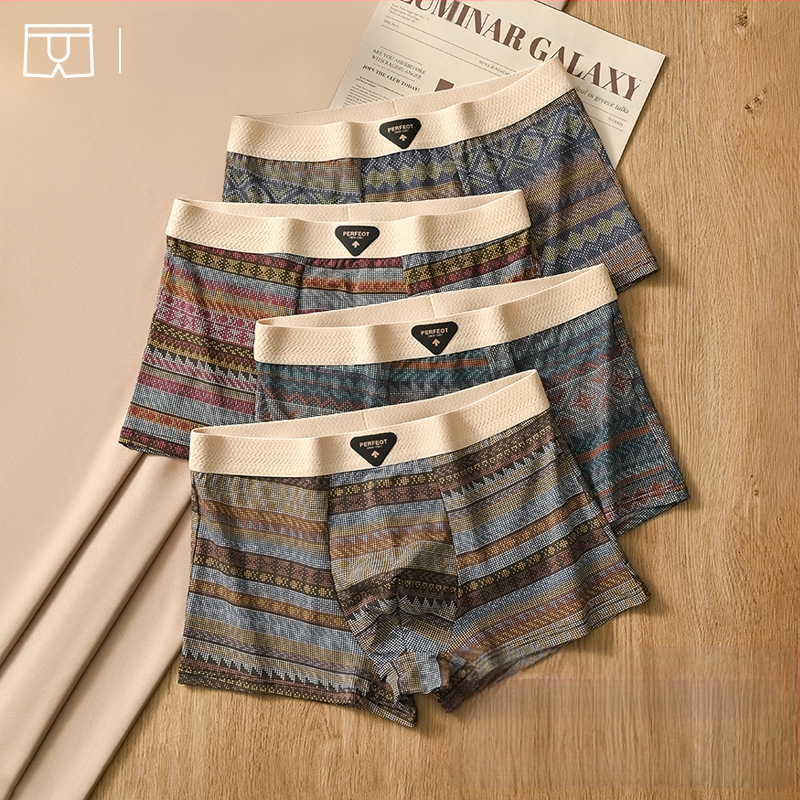 Férfi retro etnikus mintájú pamut boxer briefek, lélegző, antibakteriális, kényelmes, középmagas derekú