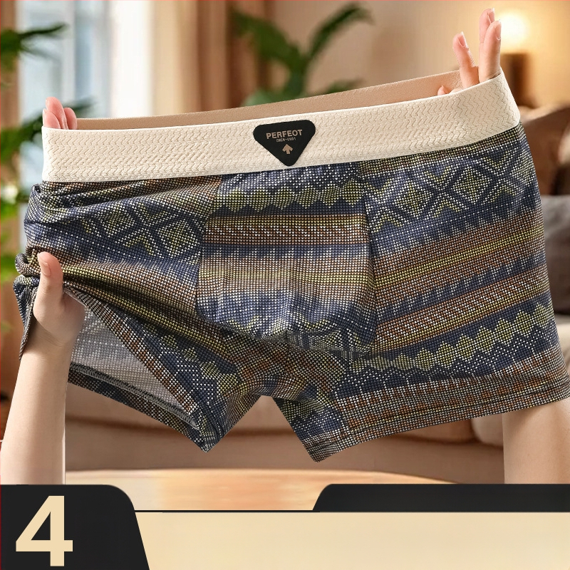 Férfi retro etnikus mintájú pamut boxer briefek, lélegző, antibakteriális, kényelmes, középmagas derekú