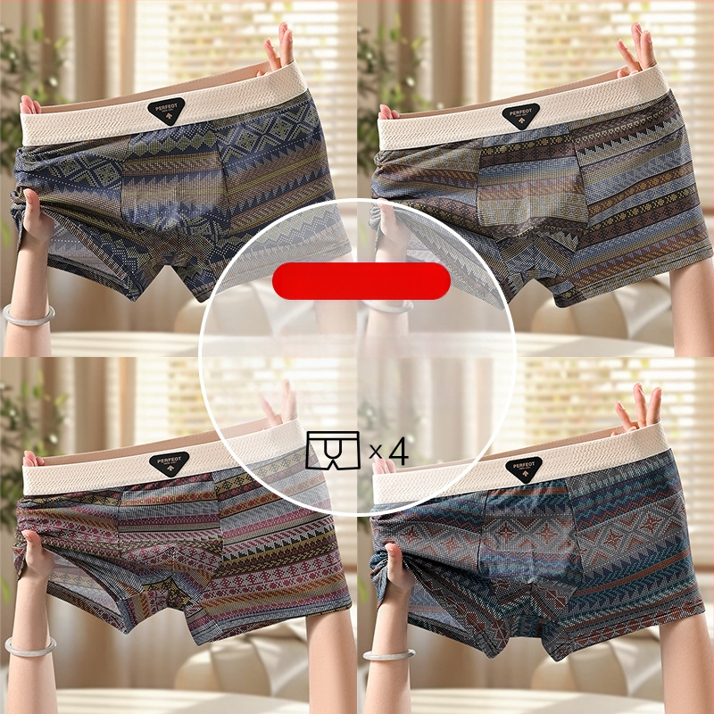 Férfi retro etnikus mintájú pamut boxer briefek, lélegző, antibakteriális, kényelmes, középmagas derekú