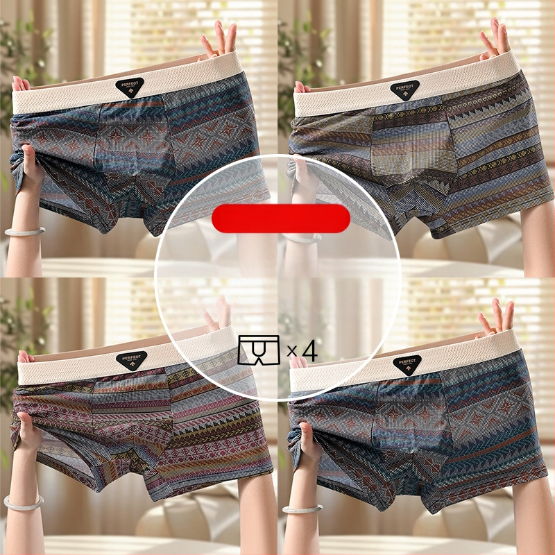 Férfi retro etnikus mintájú pamut boxer briefek, lélegző, antibakteriális, kényelmes, középmagas derekú