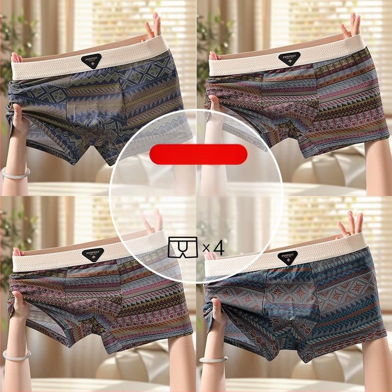 Férfi retro etnikus mintájú pamut boxer briefek, lélegző, antibakteriális, kényelmes, középmagas derekú
